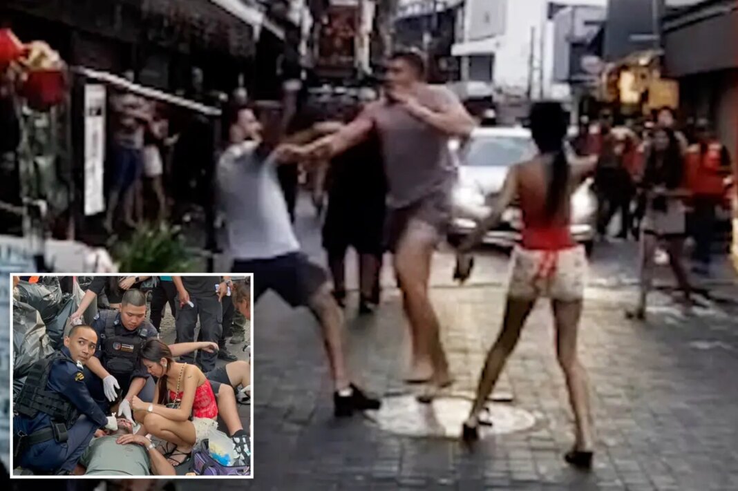 Giant bodybuilder knocks out 2 tourists in wild street fight outside bar