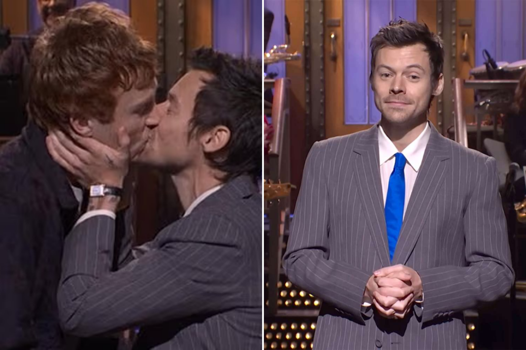 Harry Styles Kisses Ben Marshall During ‘SNL’ Monologue While Joking About Past “Queerbaiting” Claims