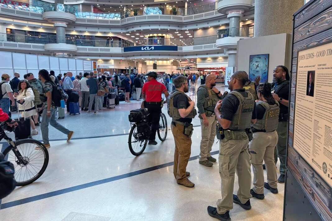 Federal immigration agents are seen at the Hartsfield-Jackson Atlanta International Airport, Monday, March 23, 2026, in Atlanta. (AP Photo/Emilie Megnien)