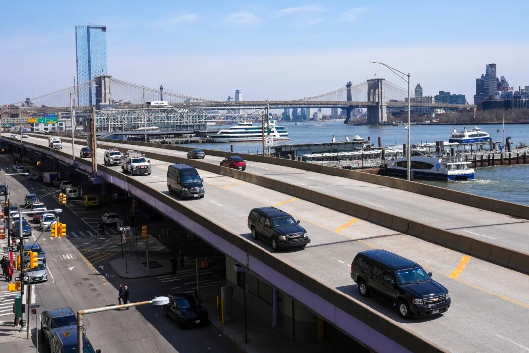A motorcade carrying former Venezuela President Nicolas Maduro makes its way along FDR Drive after departing Manhattan federal court after a pre-trial hearing in Maduro