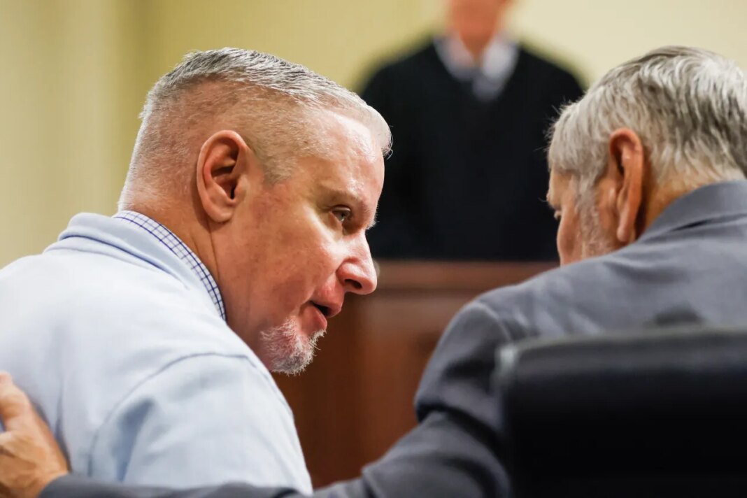 Colin Gray listens to his attorney during closing arguments in his trial at Barrow County Courthouse in Winder, Ga., on Monday, March 2, 2026. (Abbey Cutrer/Atlanta Journal-Constitution via AP)
