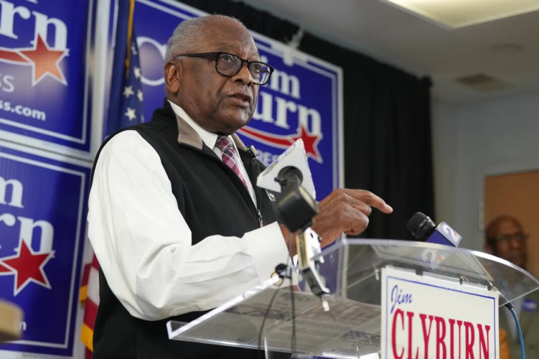 Rep. Jim Clyburn, D-S.C., announces his intent to seek an 18th U.S. House term, during an event at the South Carolina Democratic Party headquarters, Thursday, March 12, 2026, in Columbia, S.C. (AP Photo/Meg Kinnard)
