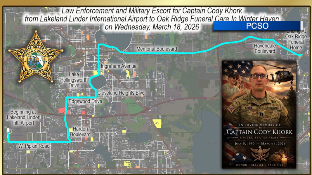 MAP: Procession route for Capt. Cody Khork, Polk County soldier killed in Operation Epic Fury