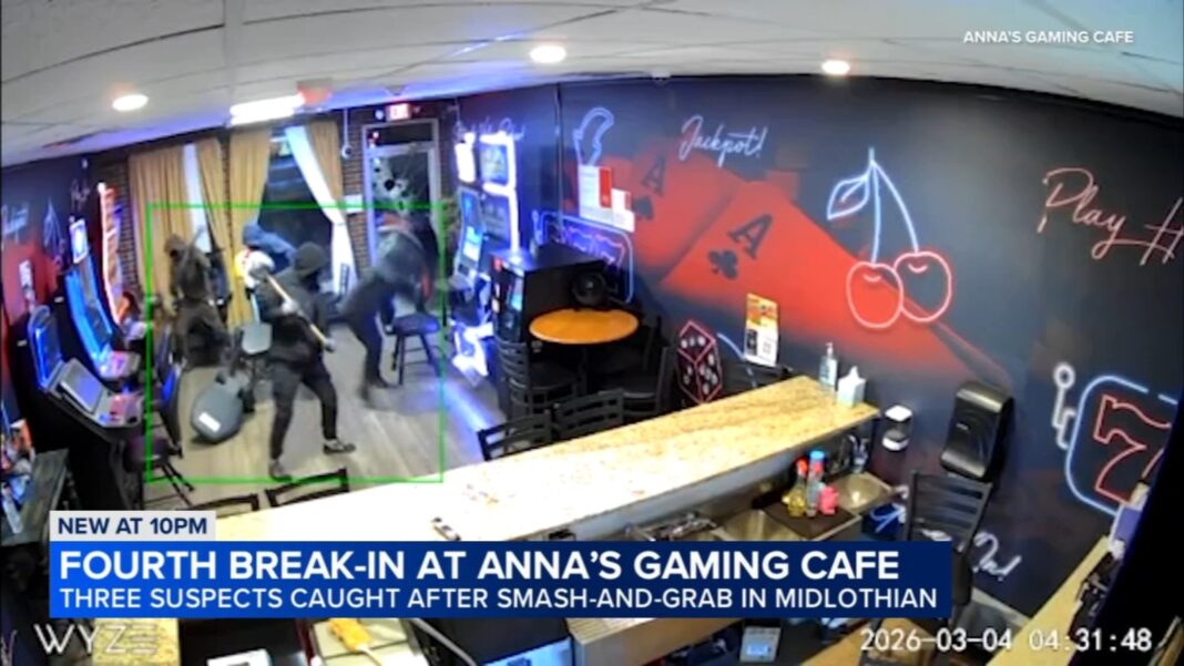 Midlothian burglary: 4th break-in at Anna's Gaming Cafe at 147th Street, Kilbourn Avenue damages business; 3 arrested, police say