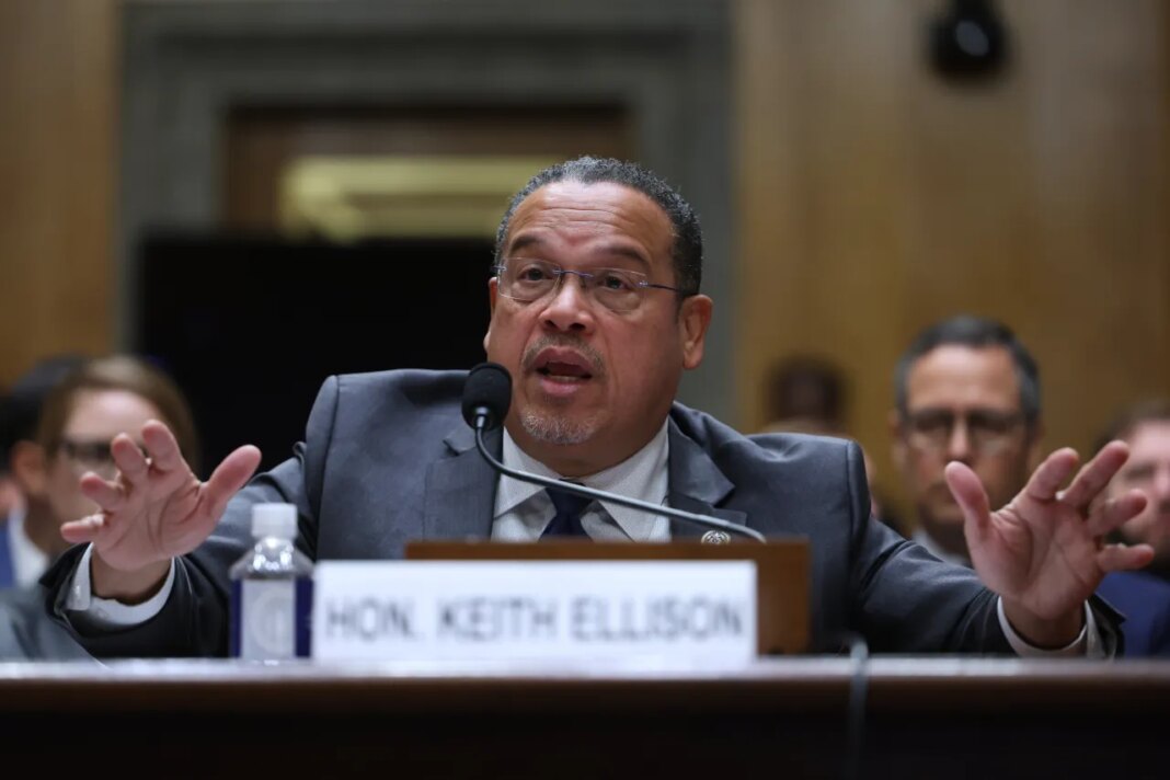 Minnesota Attorney General Keith Ellison speaks during a Senate Homeland Committee hearing on Capitol Hill in Washington, Thursday, Feb. 12, 2026, in Washington. (AP Photo/Tom Brenner)