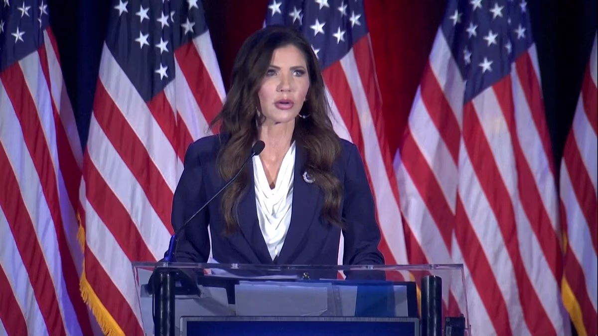 Moment Kristi Noem touts Trump's agenda minutes after he FIRED HER