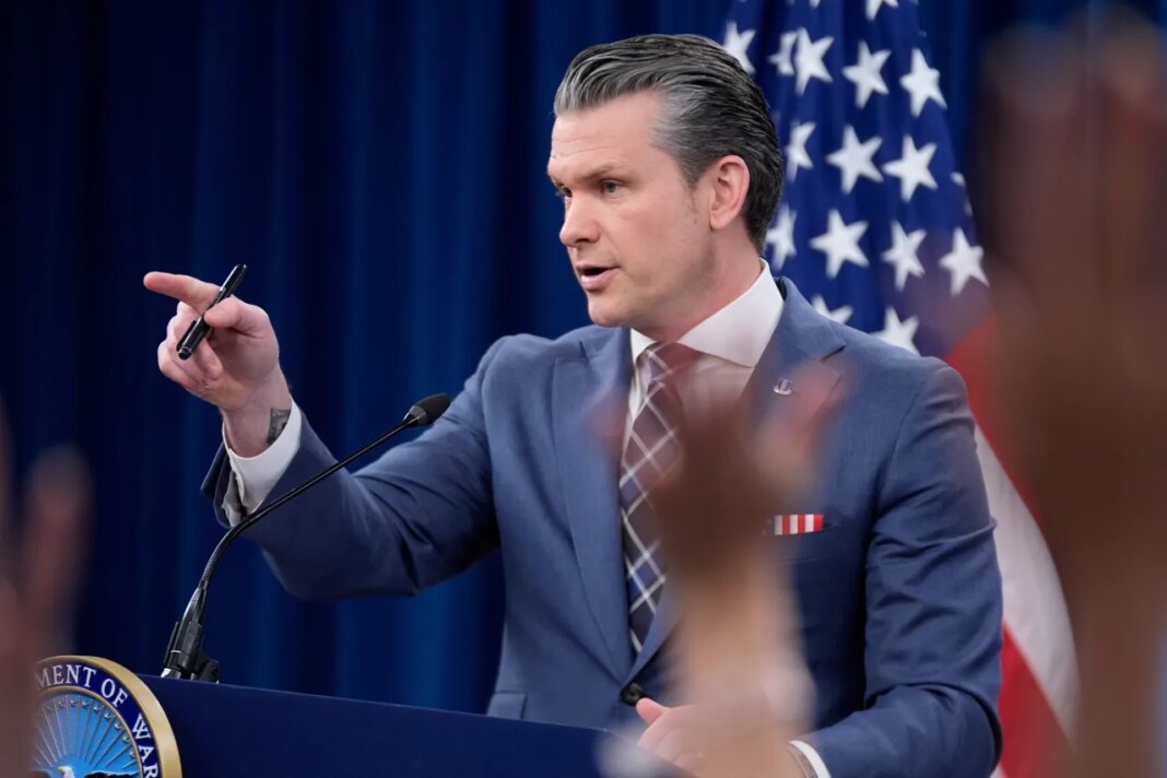 Defense Secretary Pete Hegseth speaks to members of the media during a press briefing at the Pentagon in Washington, Thursday, March 19, 2026. (AP Photo/Manuel Balce Ceneta)