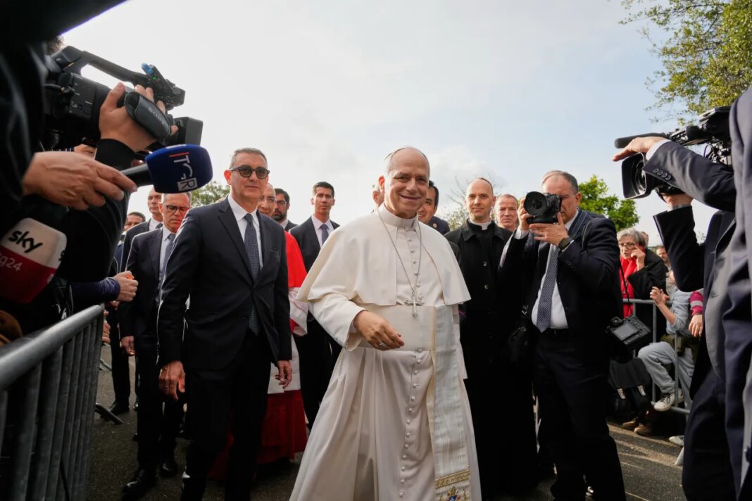 Pope Leo XIV visits the parish complex of the Santa Maria della Presentazione on the outskirts of Rome, Sunday, March 8, 2026. (AP Photo/Gregorio Borgia)