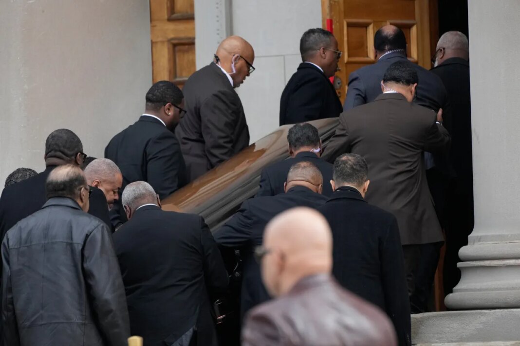 The casket of the Rev. Jesse Jackson arrives for public visitation at Rainbow PUSH Coalition headquarters in Chicago, Friday, Feb. 27, 2026. (AP Photo/Nam Y. Huh)