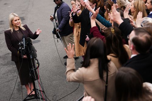 White House press secretary Karoline Leavitt speaks with reporters at the White House, Friday, March 6, 2026, in Washington. (AP Photo/Julia Demaree Nikhinson)