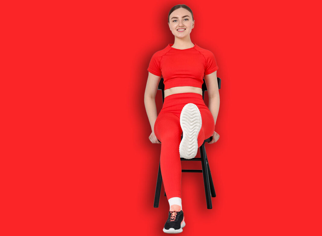 Beautiful woman stretching on chair at home, space for text