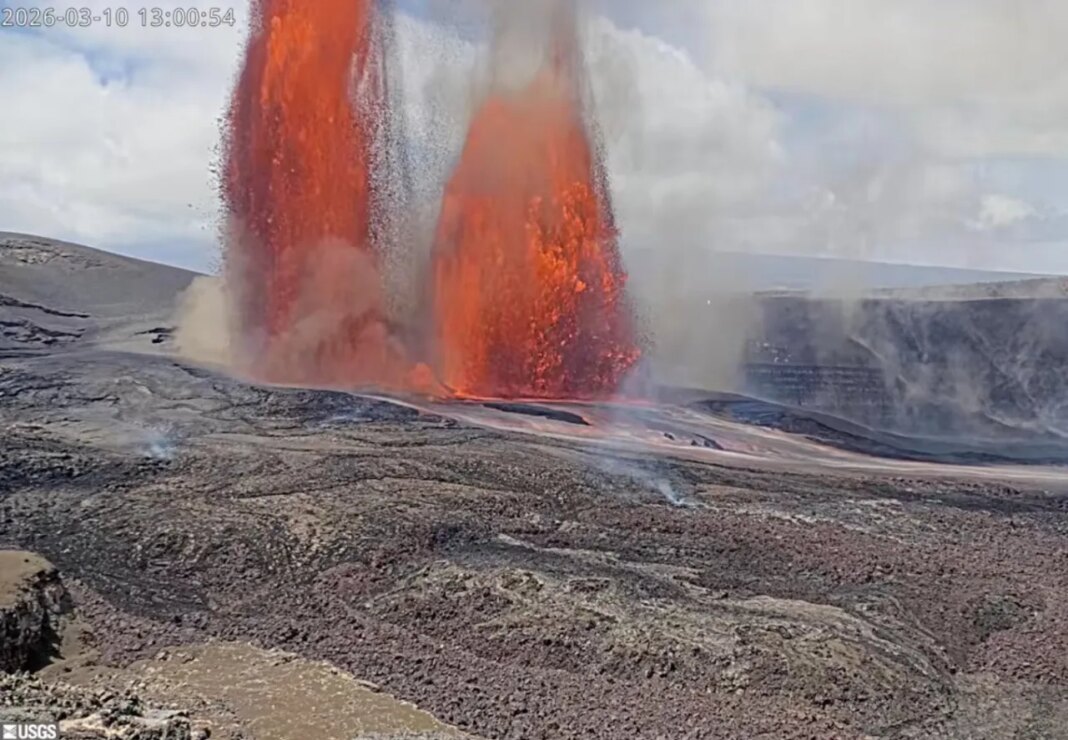 This image from video by the United States Geological Survey shows lava erupting from Kilauea volcano on Tuesday, March 10, 2026, in Hawaii Volcanoes National Park, Hawaii. (USGS via AP)