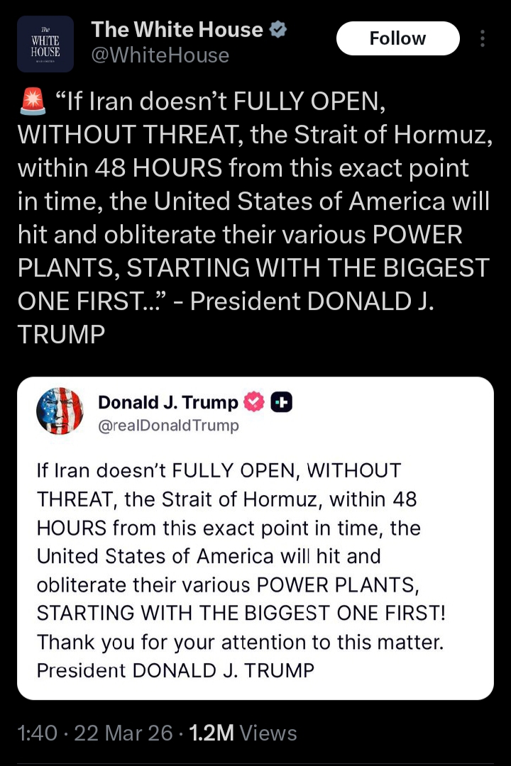 Trump issues 48-hour Hormuz Strait ultimatum, threatens Iran power plants