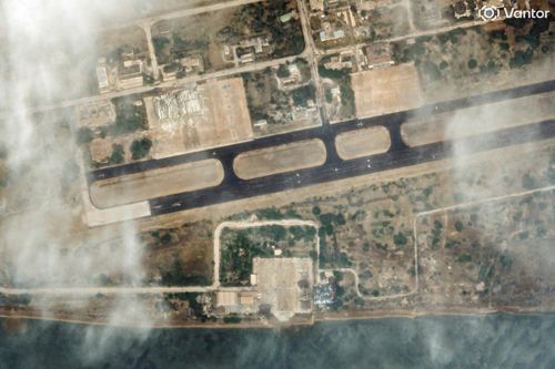 This satellite image provided by Vantor shows damaged buildings following airstrikes on Havadarya airbase Wednesday, March 11, 2026, in Bandar Abbas, Iran. (Satellite image ©2026 Vantor via AP)
