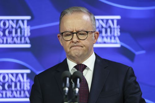Prime Minister Anthony Albanese during an address to the National Press Club of Australia in Canberra on Thursday 2 April 2026. fedpol Photo: Alex Ellinghausen