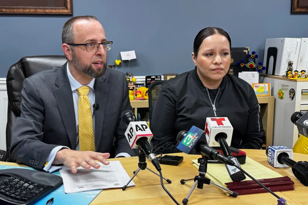 Patrick Kolasinski, attorney for Carlos Ivan Mendoza Hernandez, speaks at a news conference accompanied by his client