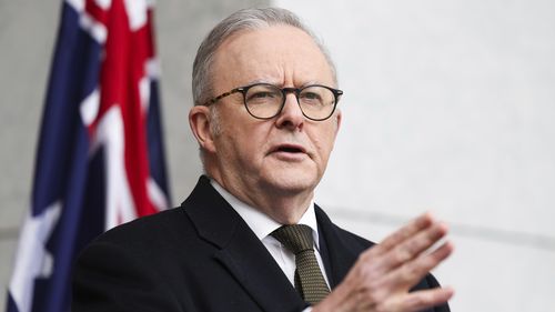Prime Minister Anthony Albanese during a press conference at Parliament House in Canberra on Monday 11 August 2025. fedpol Photo: Alex Ellinghausen
