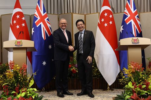Prime Minister Anthony Albanese and Prime Minister of Singapore Lawrence Wong during a joint press conference at Istana Villa in Singapore on April 10, 2026. fedpol Photo: Dominic Lorrimer