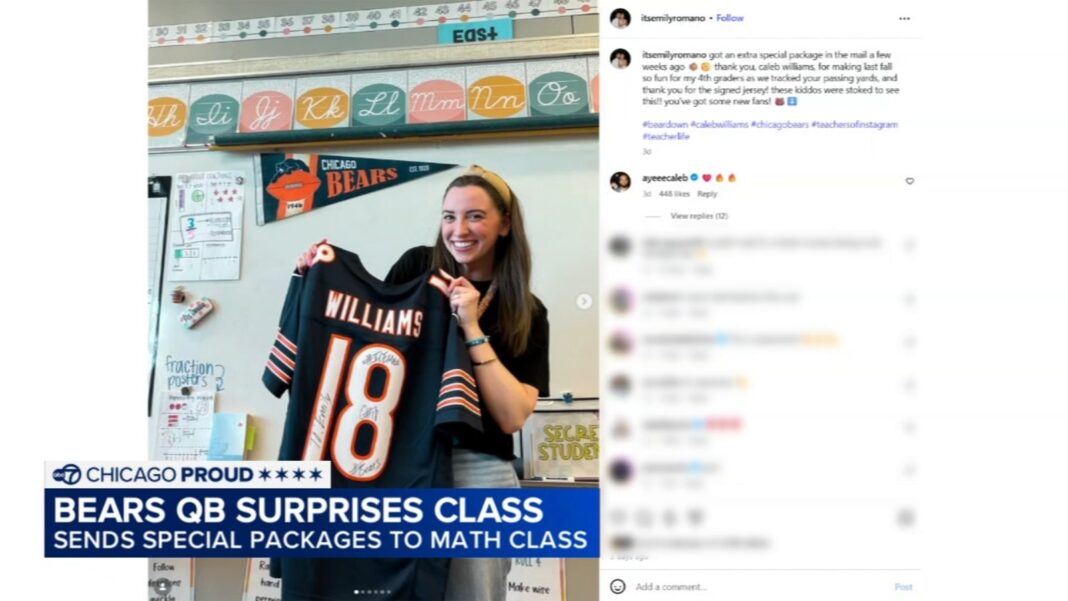 Chicago Bears quarterback Caleb Williams sends signed jersey to Elgin teacher after class learns math using his football stats