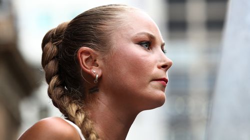 SYDNEY, AUSTRALIA - FEBRUARY 09: Grace Tame speaks during a protest against the visit of Israel's President Isaac Herzog on February 09, 2026 in Sydney, Australia. Herzog is on a visit to Australia from Feb 8-12 that will take in official engagements as well as meetings with the Jewish community. (Photo by Lisa Maree Williams/Getty Images)