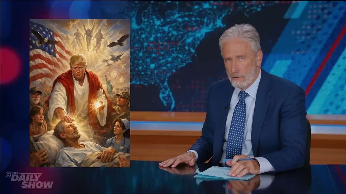 Jon Stewart spots uncanny resemblance in Trump's AI 'Jesus' meme