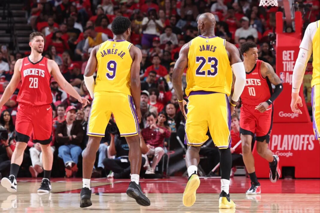 LeBron James connects with Bronny James Jr. for first father-son assist in NBA playoff history during Lakers vs Rockets Game 3