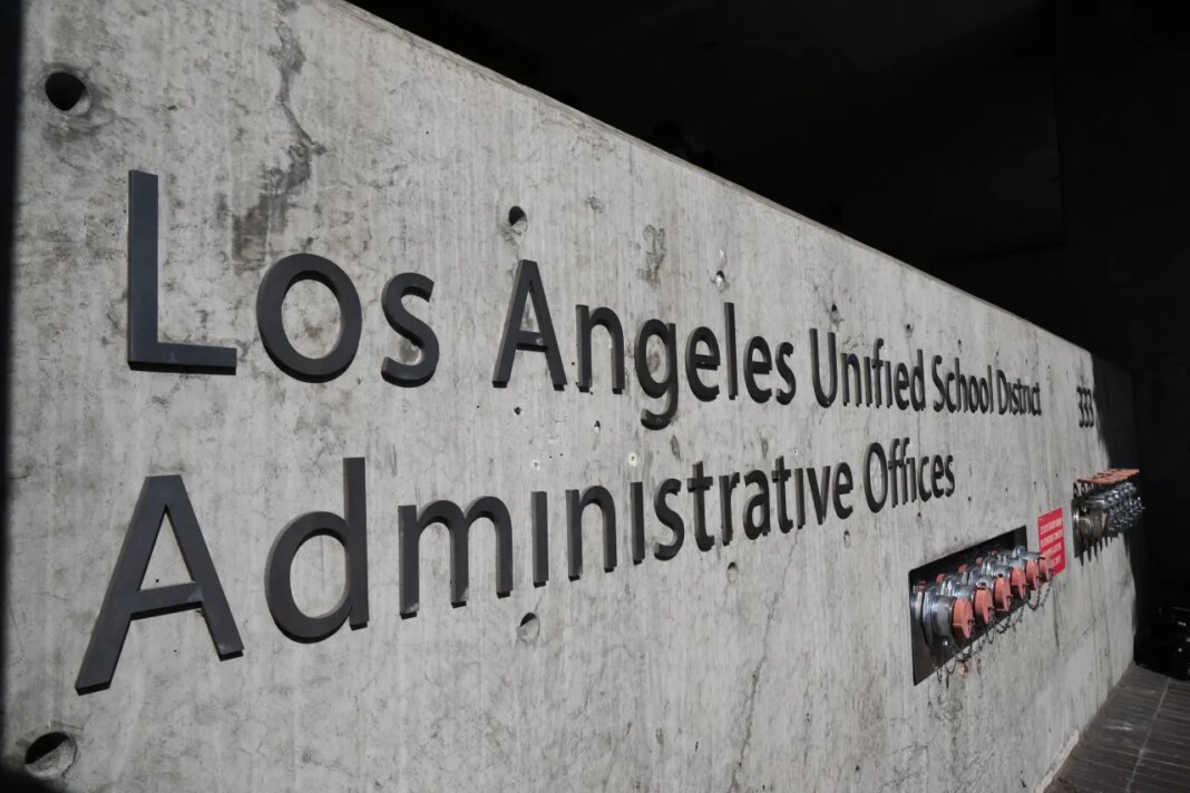 FILE -The exterior of LAUSD headquarters is shown Feb. 25, 2026, in Los Angeles. (AP Photo/Damian Dovarganes, File)
