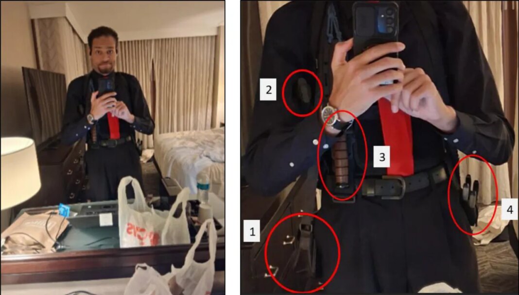 This image contained in a court filing by the Department of Justice, April 29, 2026, shows Cole Tomas Allen, left, inside his hotel room, on Saturday, April 25, 2026 in Washington, using his cellphone to take a photograph of himself in the mirror. An enhanced version of the image is right. (Department of Justice via AP)