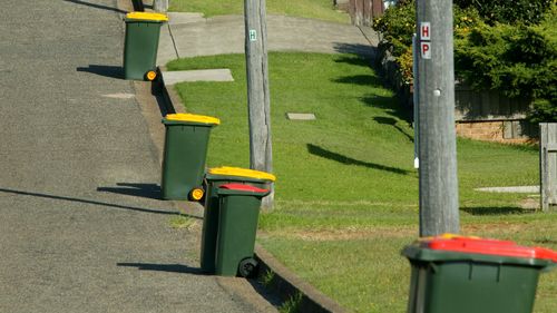 generic wheely bins on surburban street surburbia recycling recycle waste housing