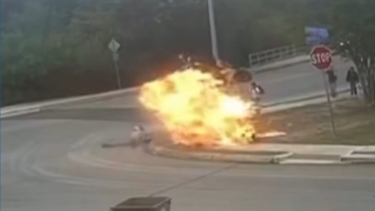Motorcycle Accident in Texas Leads to Explosion, Barely Misses Children on Sidewalk