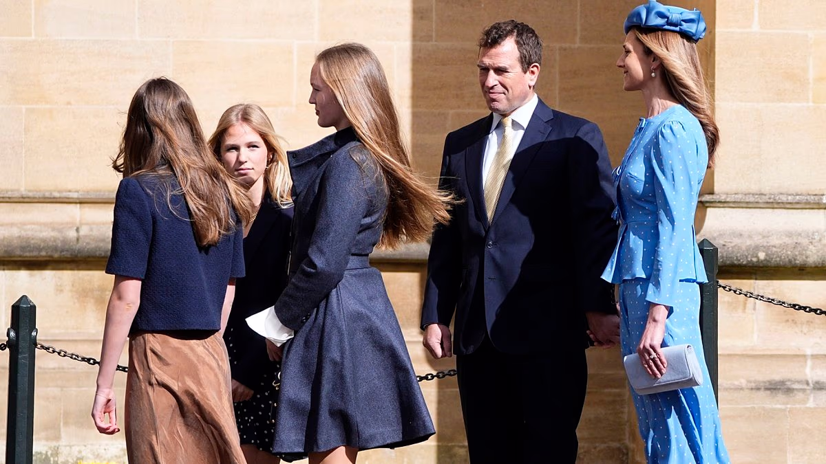 Peter Phillips and his fiancee Harriet Sperling show off their royal blended family with his two daughters and her daughter, 13, in attendance at Windsor Easter service