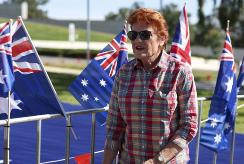 Hundreds gathered on Parliament's lawn draped in the flag with One Nation leader Pauline Hanson leading the rally.