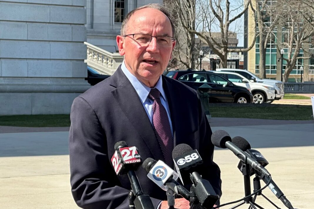 Rep. Tom Tiffany, R-Wis., a candidate for Wisconsin governor, speaks during a news conference Wednesday, April 8, 2026, about what the GOP needs to do in November after big defeats in the spring election, outside of the state Capitol in Madison, Wis. (AP Photo/Scott Bauer)