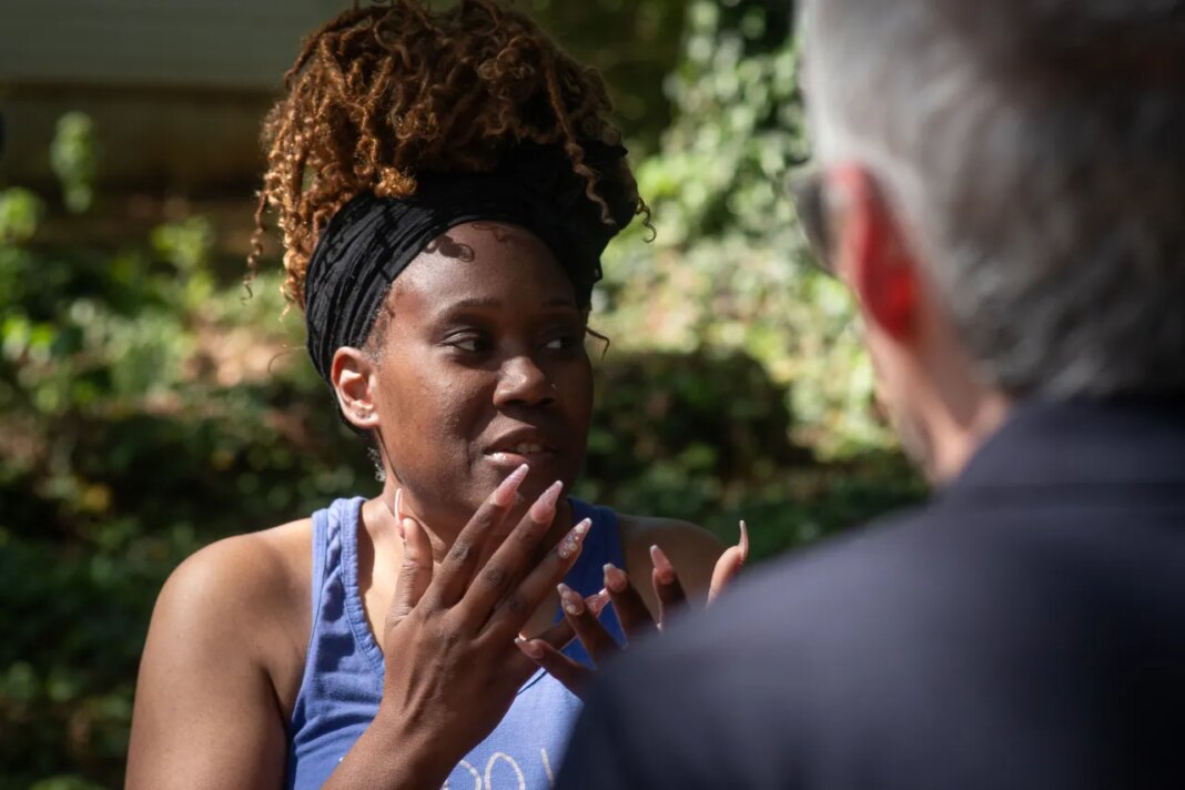 Lakisha Mckinzie discusses her ex-housemate, Olaolukitan Adon Abel, who is charged in a string of deadly shootings, in Decatur, Ga., on Friday, April 17, 2026. (AP Photo/Ron Harris)