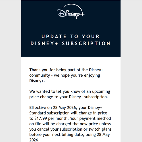 Disney + informed Australian customers of the price change in an email today.