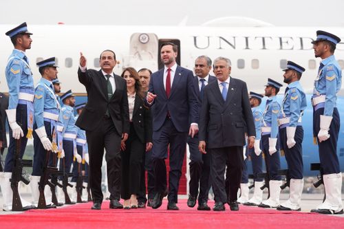 US Vice President JD Vance, centre, walks with Pakistan's Chief of Defence Forces and Chief of Army Staff Field Marshall Asim Munir, left, and Pakistani Deputy Prime Minister and Foreign Minister Mohammad Ishaq Dar 
