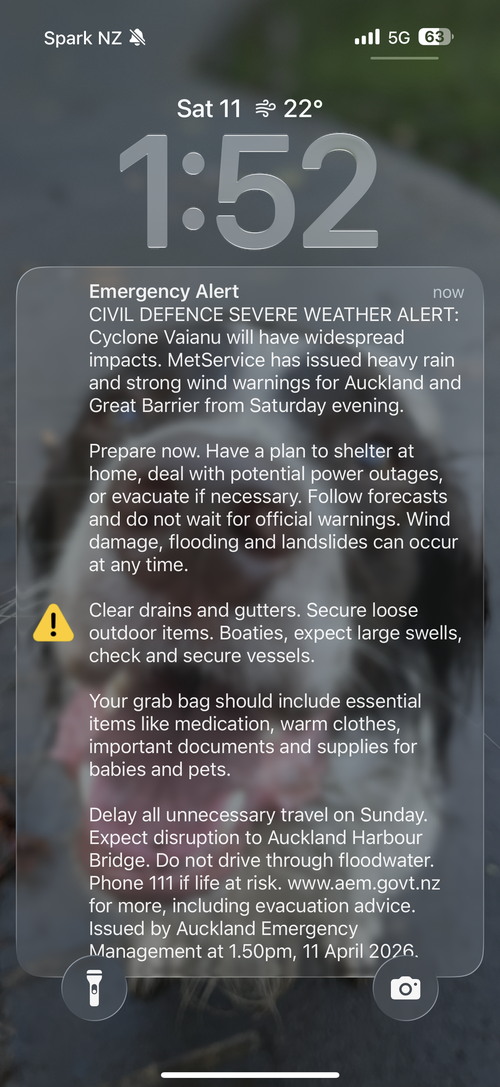 An alert was sent to people in Auckland.