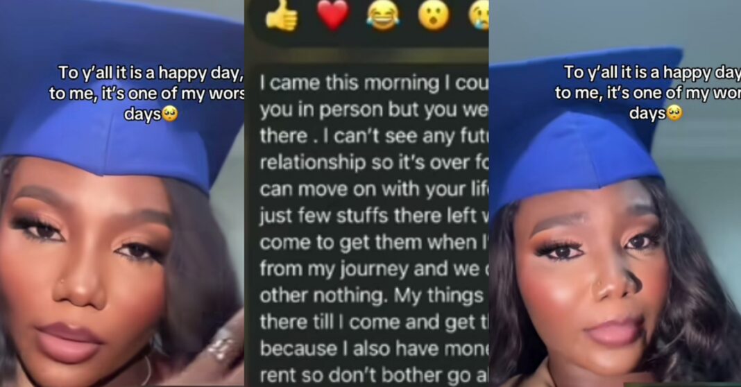 “Why I feel bad “- Lady heartbroken as 6-year relationship ends on convocation day, displays breakup text