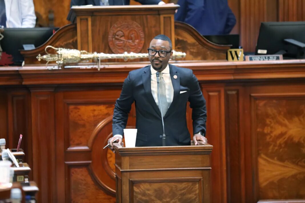 Democratic South Carolina House Rep. Hamilton Grant speaks out against drawing new congressional maps on Monday, May 18, 2026, in Columbia, S.C. (AP Photo/Jeffrey Collins)
