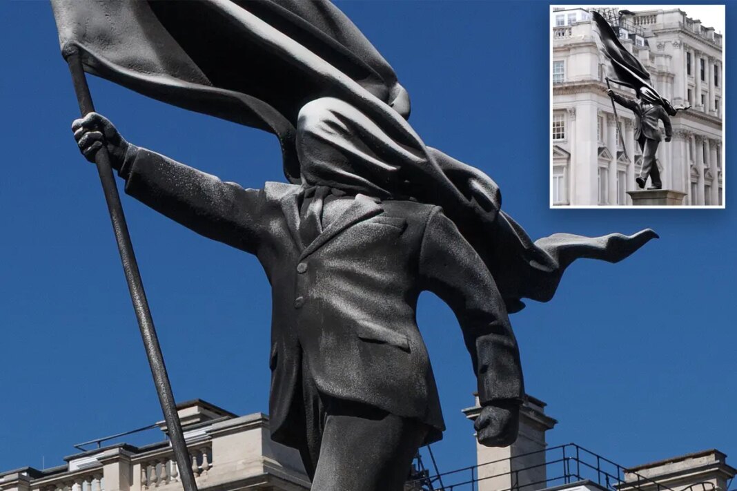 Banksy confirms new London statue of a man blinded by a flag is his