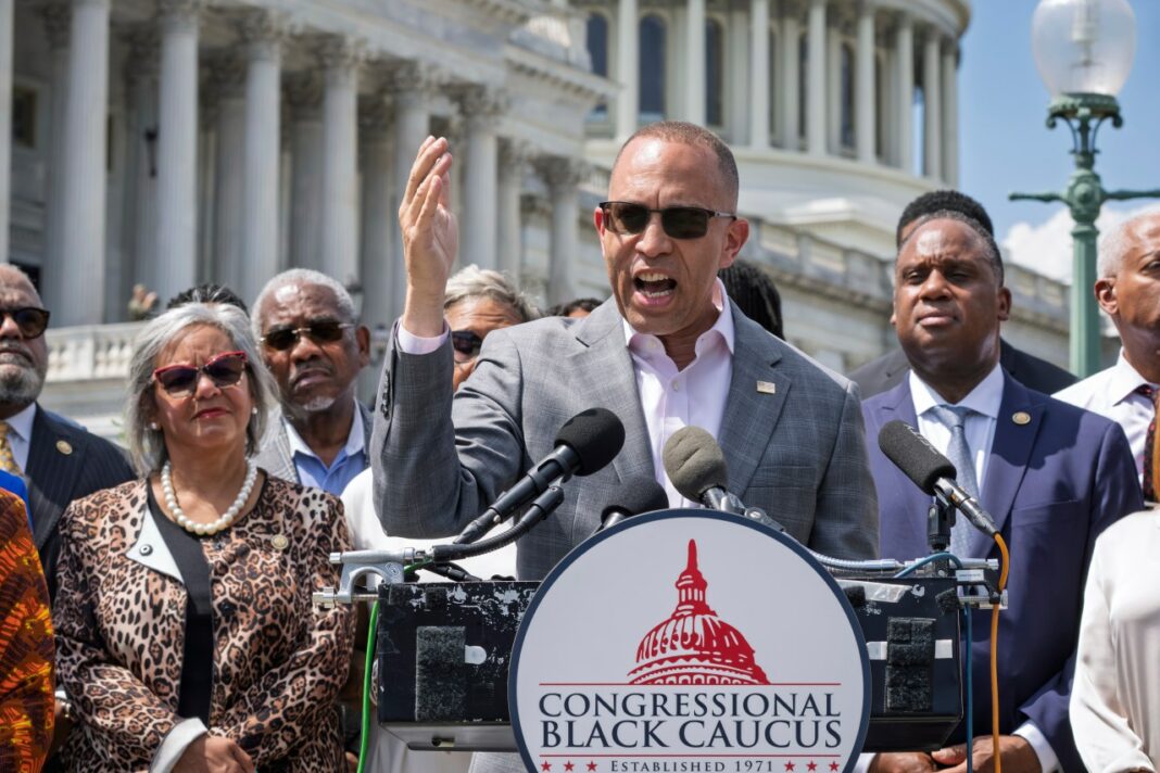 House Minority Leader Hakeem Jeffries, D-N.Y., and members of the Congressional Black Caucus speak outside the Capitol in Washington, Tuesday, May 19, 2026. (AP Photo/J. Scott Applewhite)