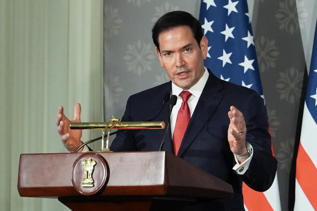 United States Secretary of State Marco Rubio speaks at a joint presser with India