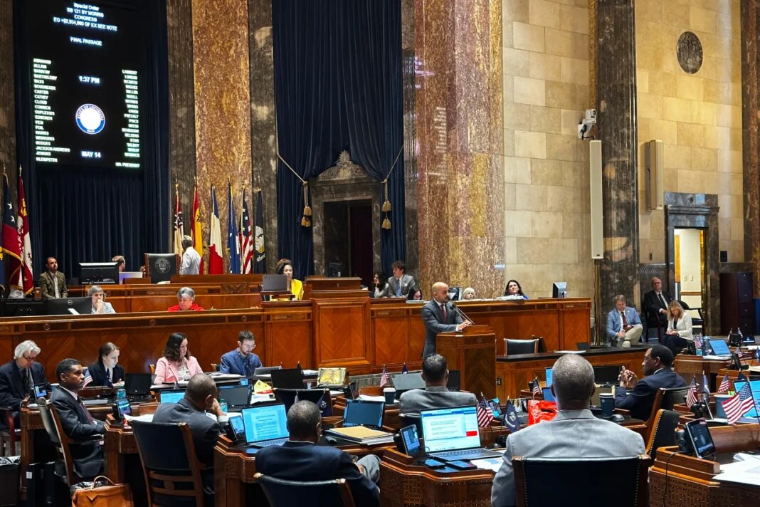 Louisiana state Sen. Royce Duplessis addresses members of the Louisiana state legislature in opposition of Senate Bill 121 on Thursday, May 14, 2026, in Baton Rouge, La. (AP Photo/Stephen Smith)