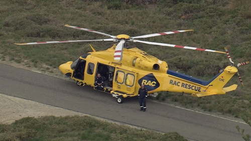 A rescue helicopter on standby in Geordie Bay on Rottnest Island.