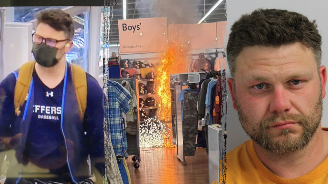Masked suspect charged with using fuel, fireworks in Walmart kids section as cover for massive jewelry heist