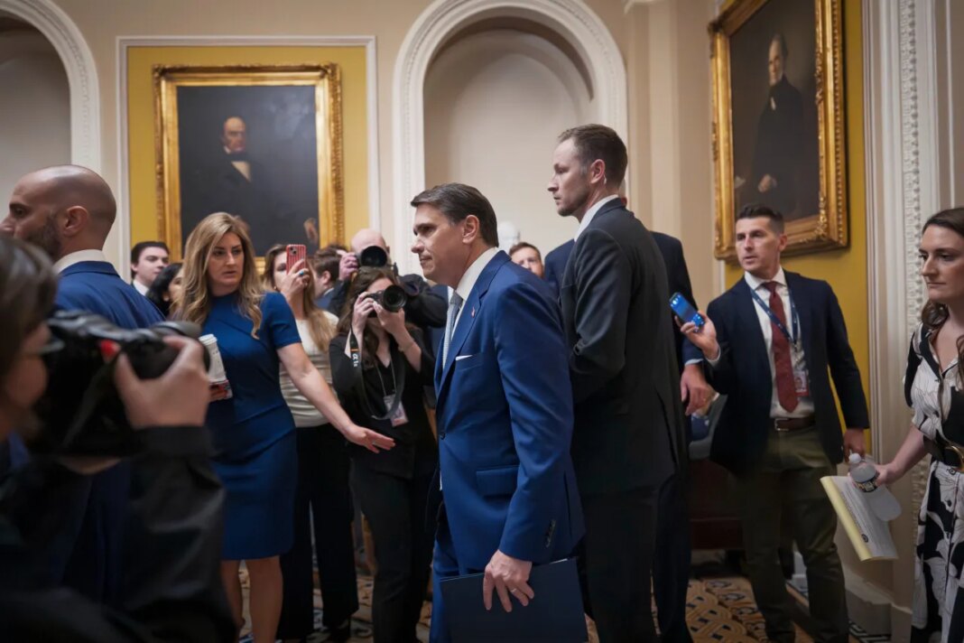 Acting Attorney General Todd Blanche arrives for a closed-door meeting with Republican senators who are expected to abandon a proposal for $1 billion in security money for the White House complex and President Donald Trump