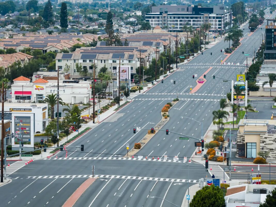 The streets remain empty in Garden Grove, Calif., on Sunday, May 24, 2026, after a storage tank containing a chemical used to make plastic parts overheated Thursday at an aerospace plastics facility. (AP Photo/Ethan Swope)