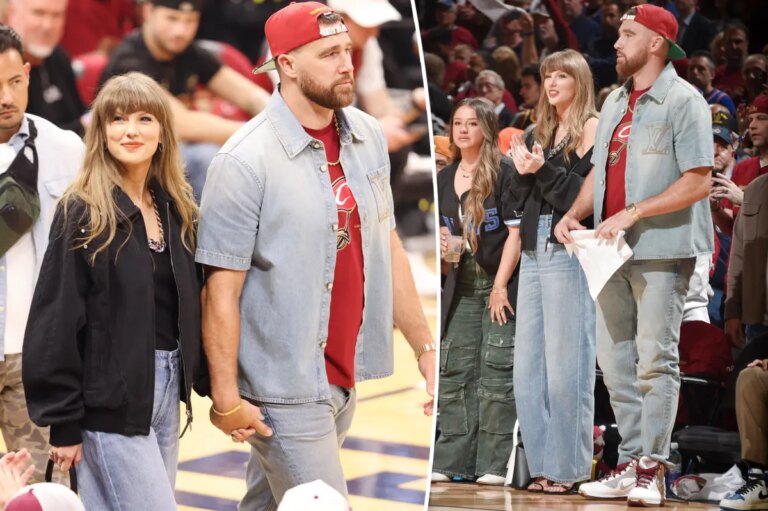 Taylor Swift and Travis Kelce Rock Denim at Cavaliers vs. Knicks Courtside Date Night