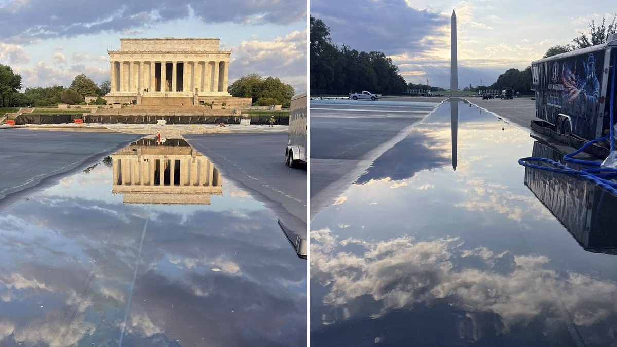 Trump gives sneak peek of new Reflecting Pool offering stunning views of Lincoln Memorial and Washington Monument as he hails 'very exciting project'
