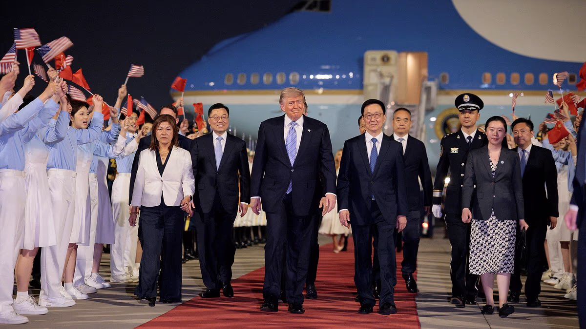 Trump smiles and fist pumps as he's greeted by 300 chanting kids